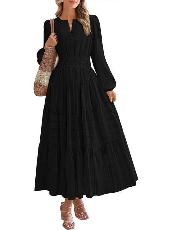 Dresses & Skirts - Women's Black V Neck Elastic Waist Long Sleeve Cocktail Bodycon Maxi Dress